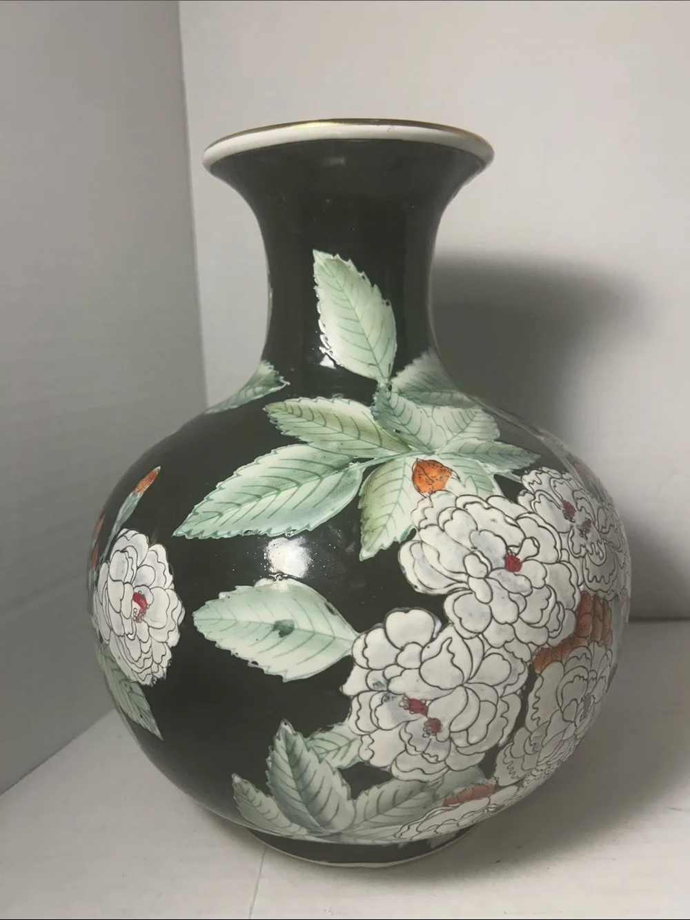 Floral Ceramic Vase with White Roses on Dark Green Background Vintage Handpainte
